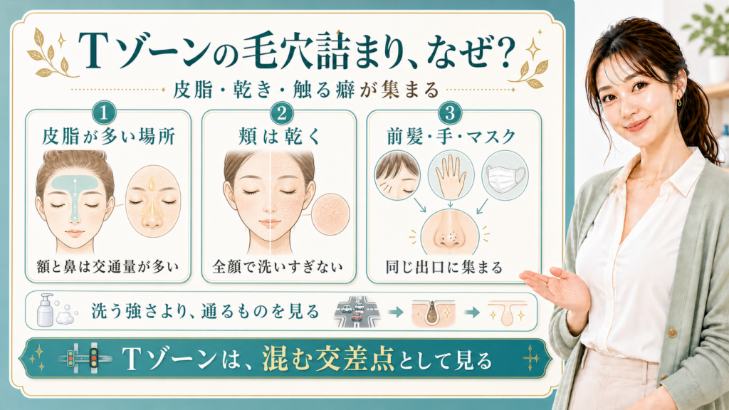 Tゾーンの毛穴詰まりを皮脂・乾き・前髪や手やマスクの接触で整理する美容解説ボード
