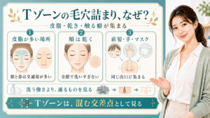 Tゾーンの毛穴詰まりを皮脂・乾き・前髪や手やマスクの接触で整理する美容解説ボード