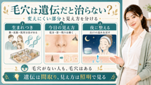 毛穴と遺伝を生まれつき・今日の見え方・夜の整え方で整理する美容解説ボード