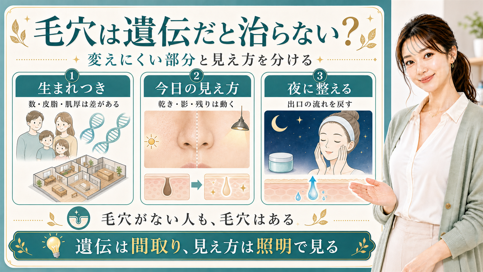 毛穴と遺伝を生まれつき・今日の見え方・夜の整え方で整理する美容解説ボード