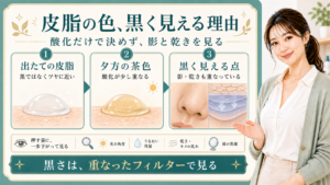 皮脂の色が黒く見える理由を出たての皮脂・夕方の茶色・影と乾きで整理する美容解説ボード