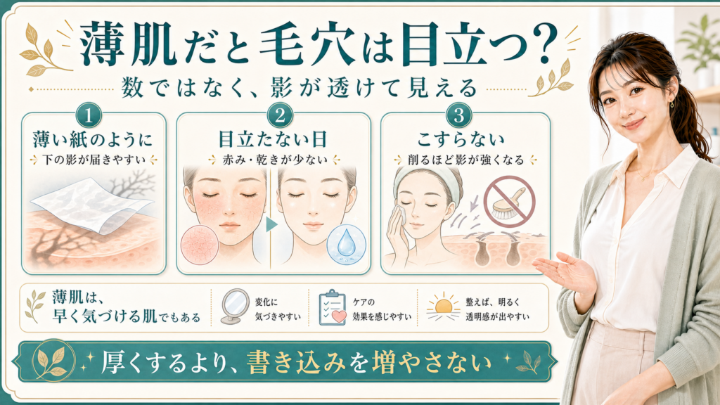 薄肌で毛穴が目立つ理由を影の透け方・赤みと乾き・こすらないケアで整理する美容解説ボード