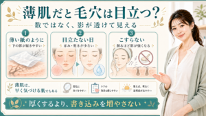 薄肌で毛穴が目立つ理由を影の透け方・赤みと乾き・こすらないケアで整理する美容解説ボード