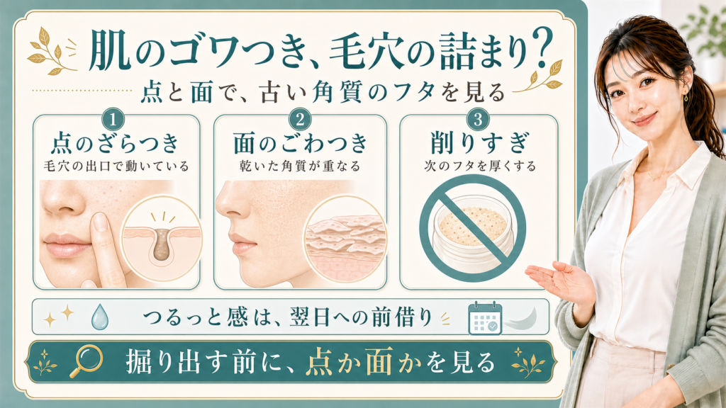 肌のゴワつきを点のざらつき・面のごわつき・削りすぎで整理する美容解説ボード