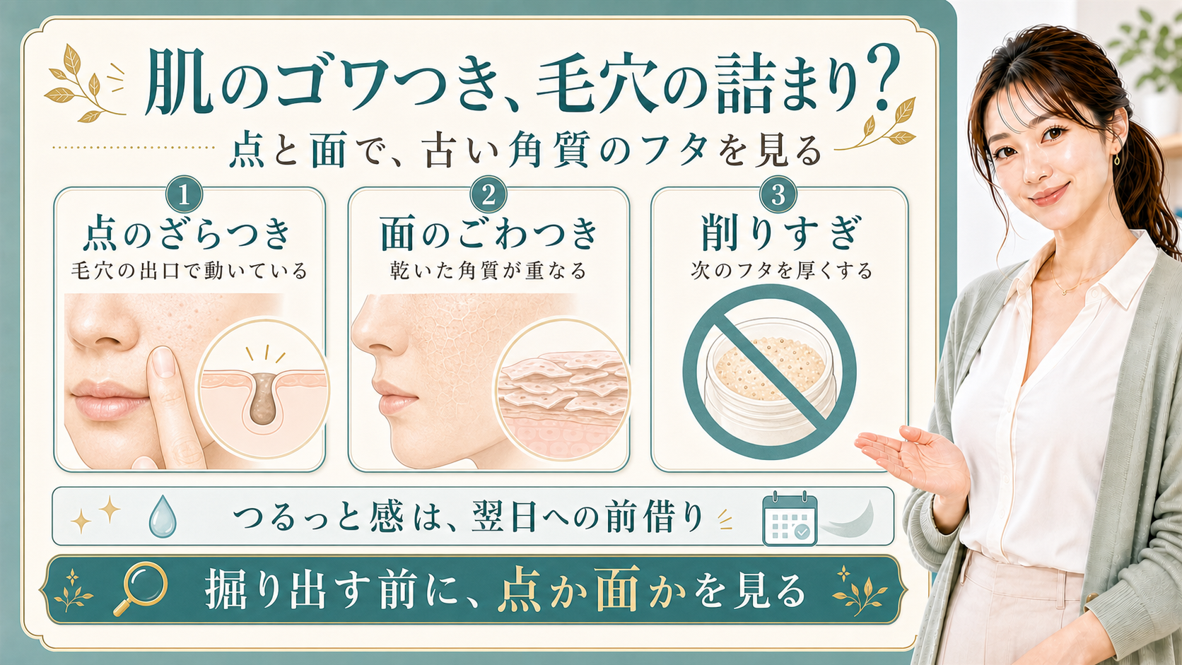 肌のゴワつきを点のざらつき・面のごわつき・削りすぎで整理する美容解説ボード