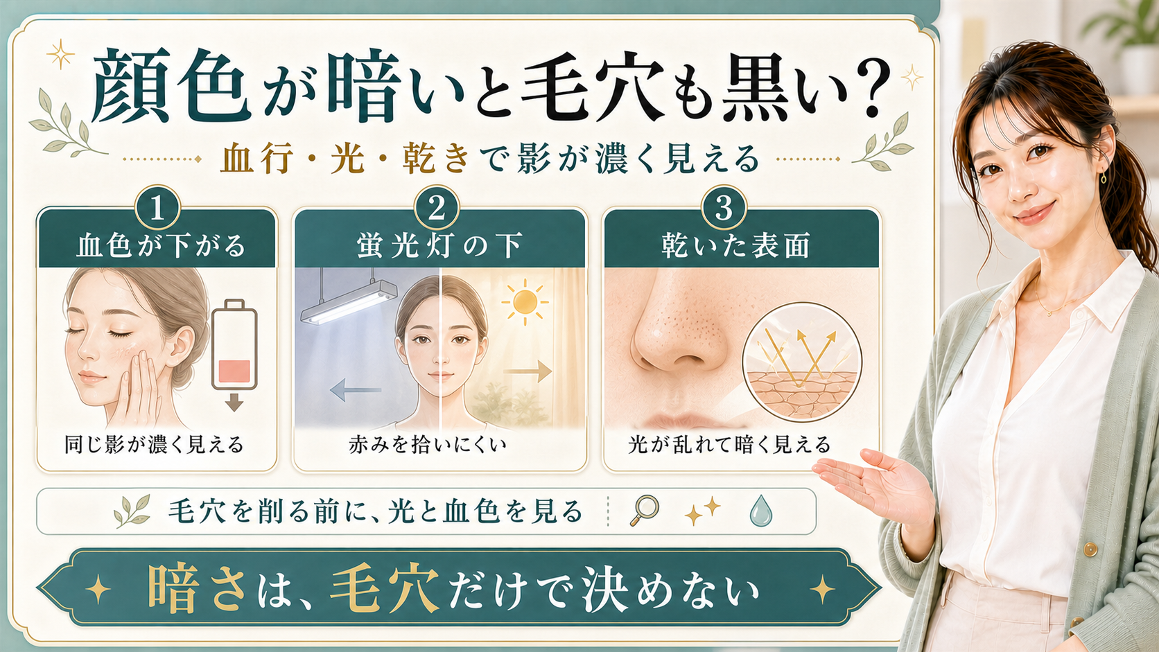 顔色が暗い日に毛穴が黒く見える理由を血色・蛍光灯・乾いた表面で整理する美容解説ボード