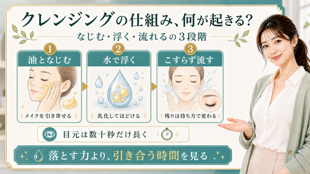 クレンジングの仕組みを油となじむ・水で浮く・こすらず流すの三段階で整理する美容解説ボード