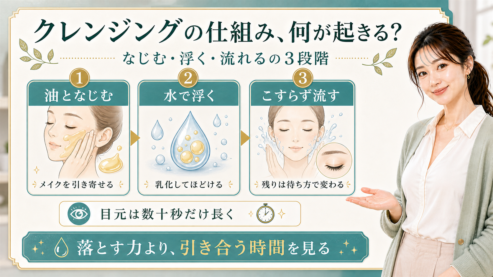 クレンジングの仕組みを油となじむ・水で浮く・こすらず流すの三段階で整理する美容解説ボード