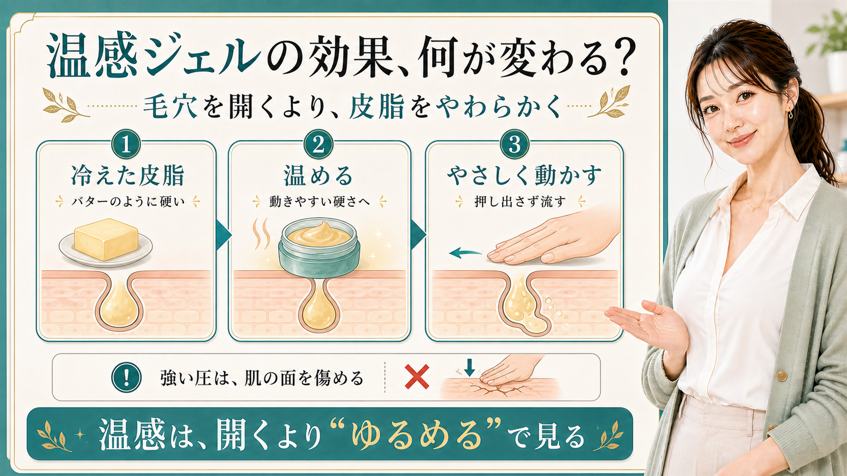 温感ジェルの効果を冷えた皮脂・温める・やさしく動かすで整理する美容解説ボード