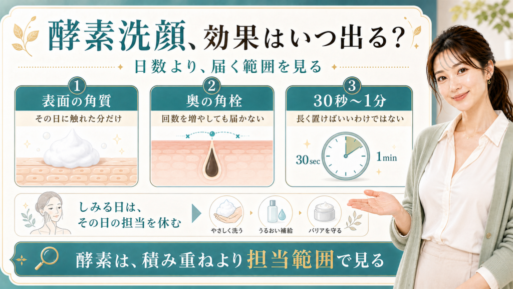 酵素洗顔の効果を表面の角質・奥の角栓・30秒から1分の目安で整理する美容解説ボード