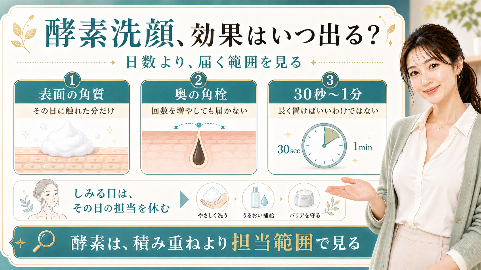 酵素洗顔の効果を表面の角質・奥の角栓・30秒から1分の目安で整理する美容解説ボード