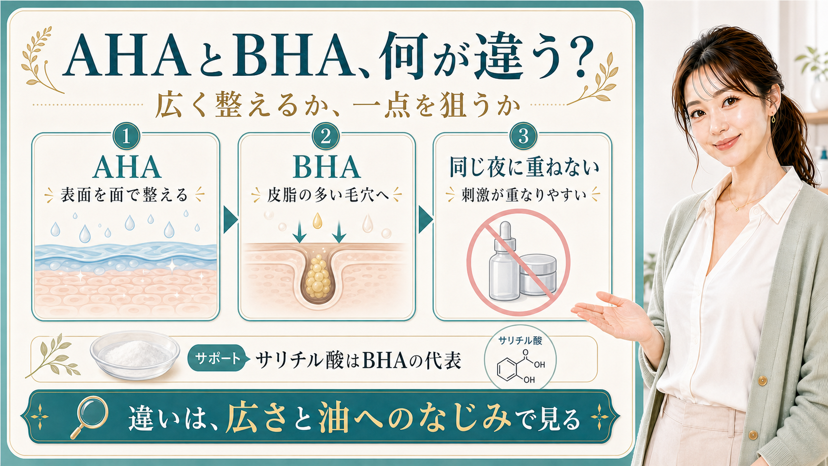 AHAとBHAの違いを表面を広く整える・皮脂の多い毛穴へ届く・同じ夜に重ねないで整理する美容解説ボード