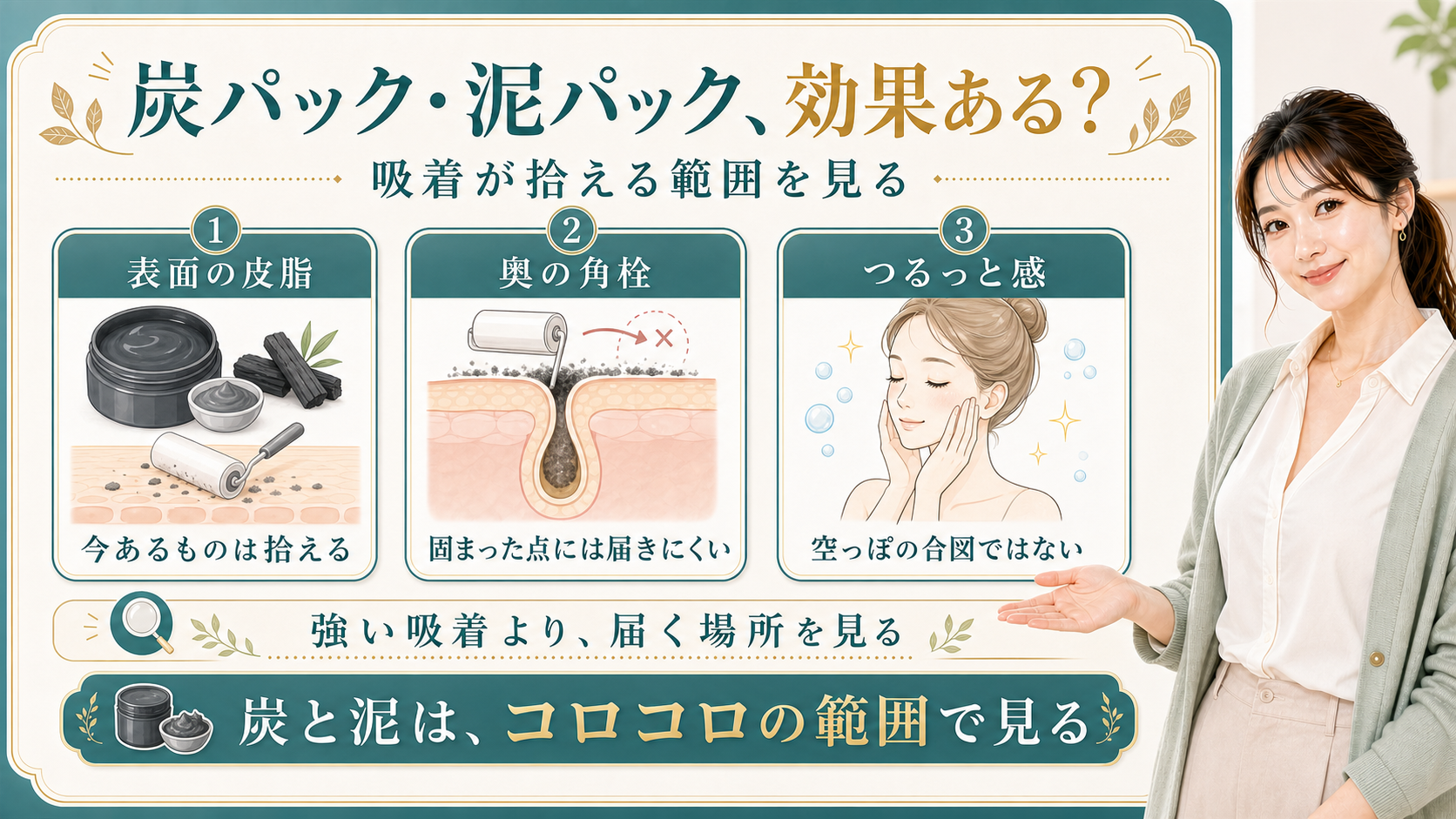 炭パックと泥パックの効果を表面の皮脂・奥の角栓・つるっと感で整理する美容解説ボード