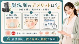 炭洗顔のデメリットを小鼻の軽さ・頬のつっぱり・毎日は強いで整理する美容解説ボード