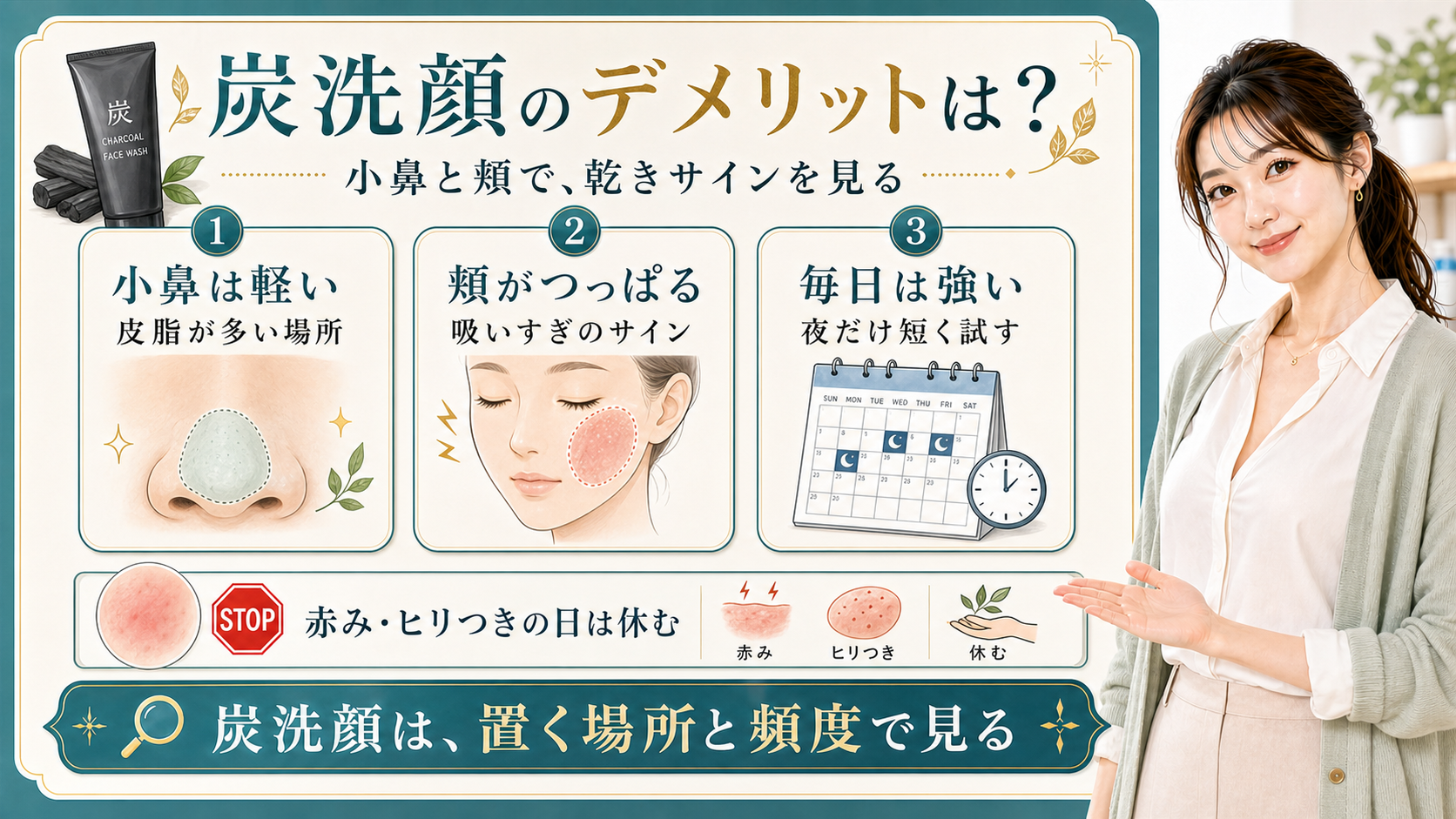 炭洗顔のデメリットを小鼻の軽さ・頬のつっぱり・毎日は強いで整理する美容解説ボード