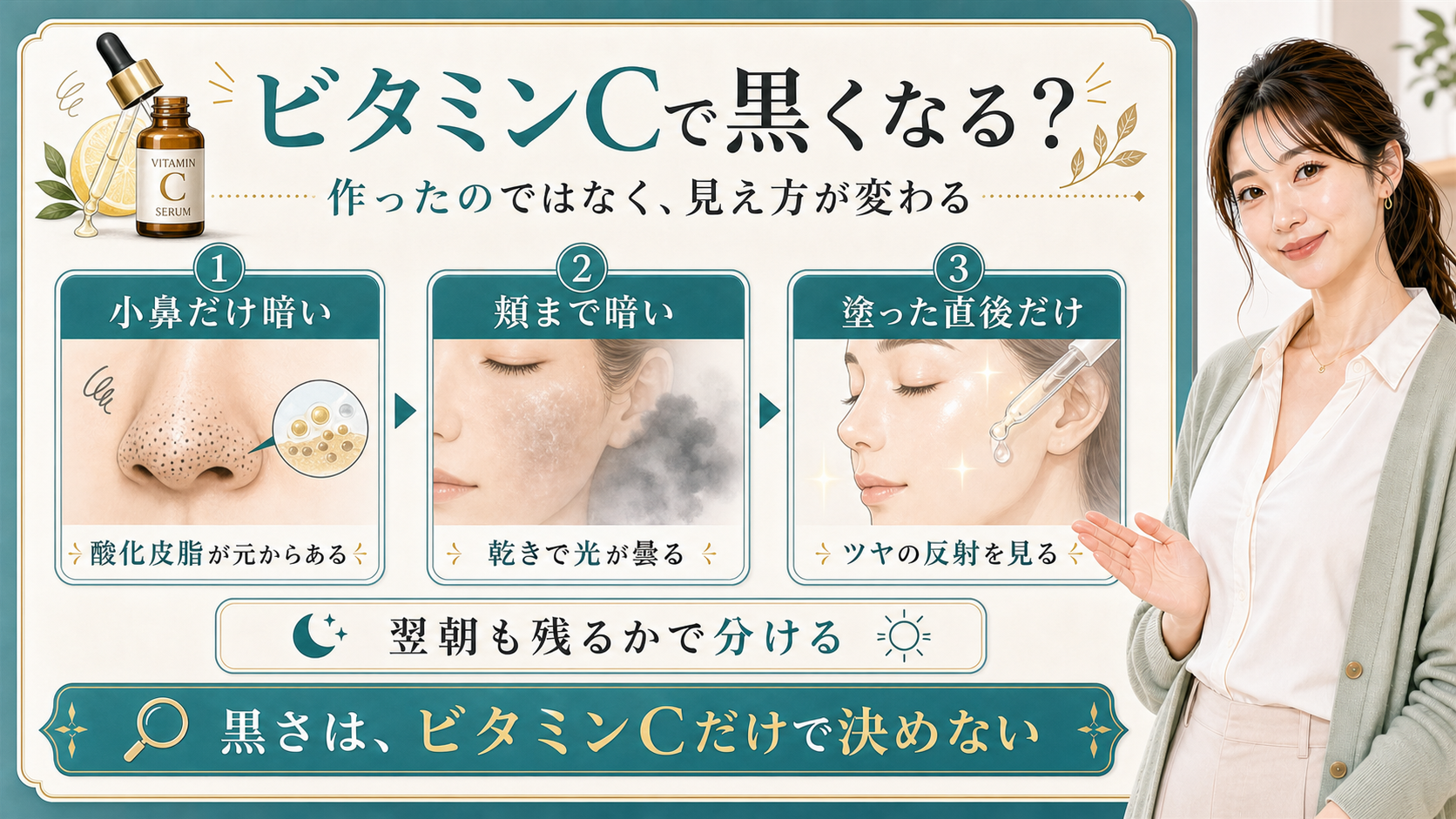 ビタミンCで黒く見える理由を小鼻だけ暗い・頬まで暗い・塗った直後だけで整理する美容解説ボード