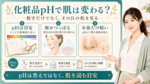 化粧品pHをpHは目安・頬がつっぱる・小鼻だけ暗いで整理する美容解説ボード