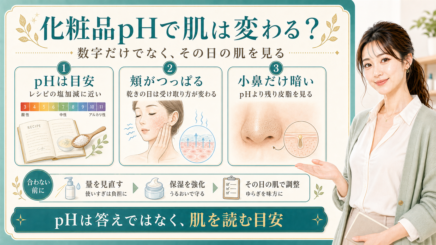 化粧品pHをpHは目安・頬がつっぱる・小鼻だけ暗いで整理する美容解説ボード