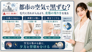 都市の空気で黒ずみが見える理由を皮脂・影・乾きで見分ける図解