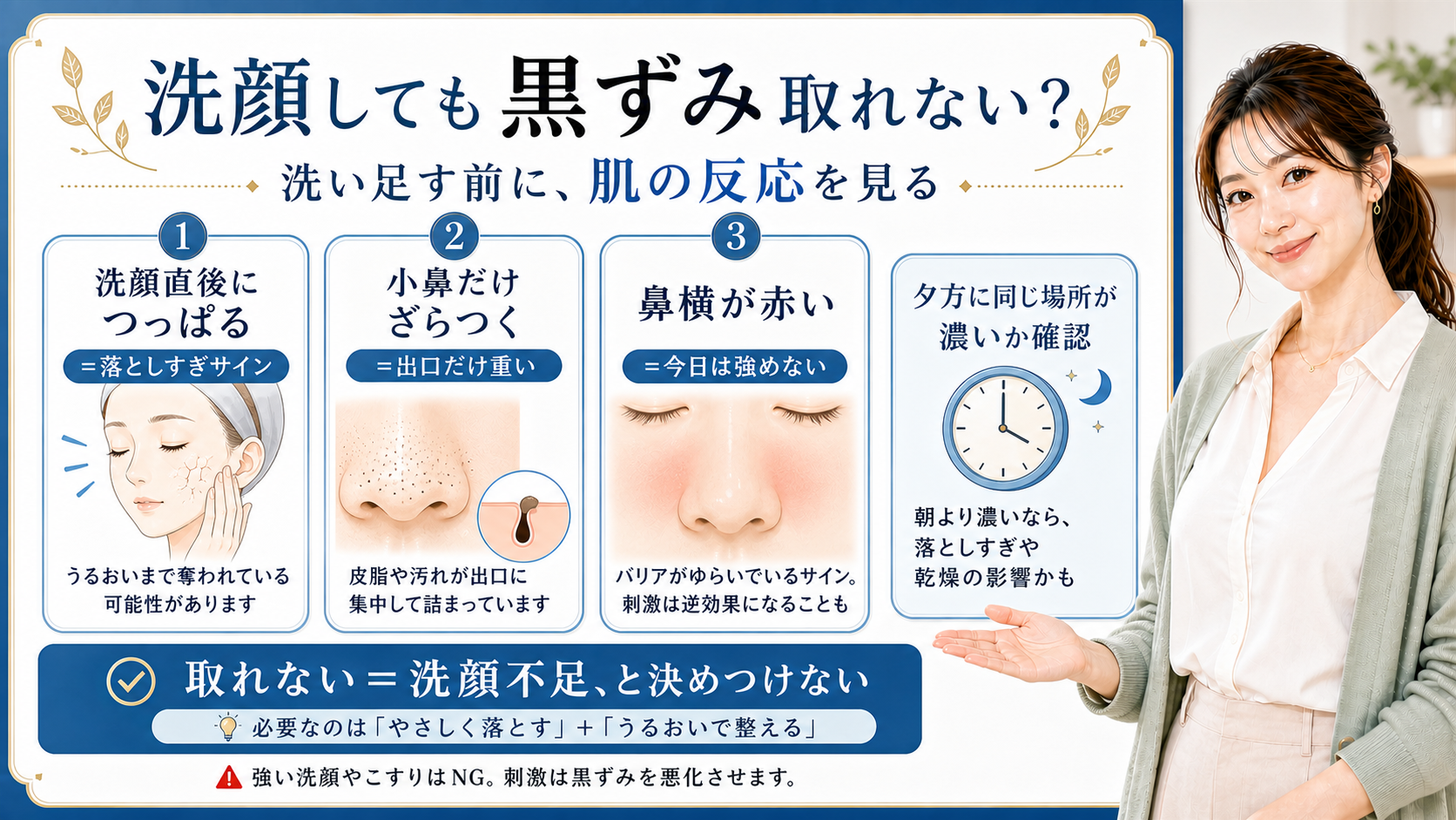 洗顔しても黒ずみが取れない理由をつっぱり・ざらつき・赤みで見分ける図解