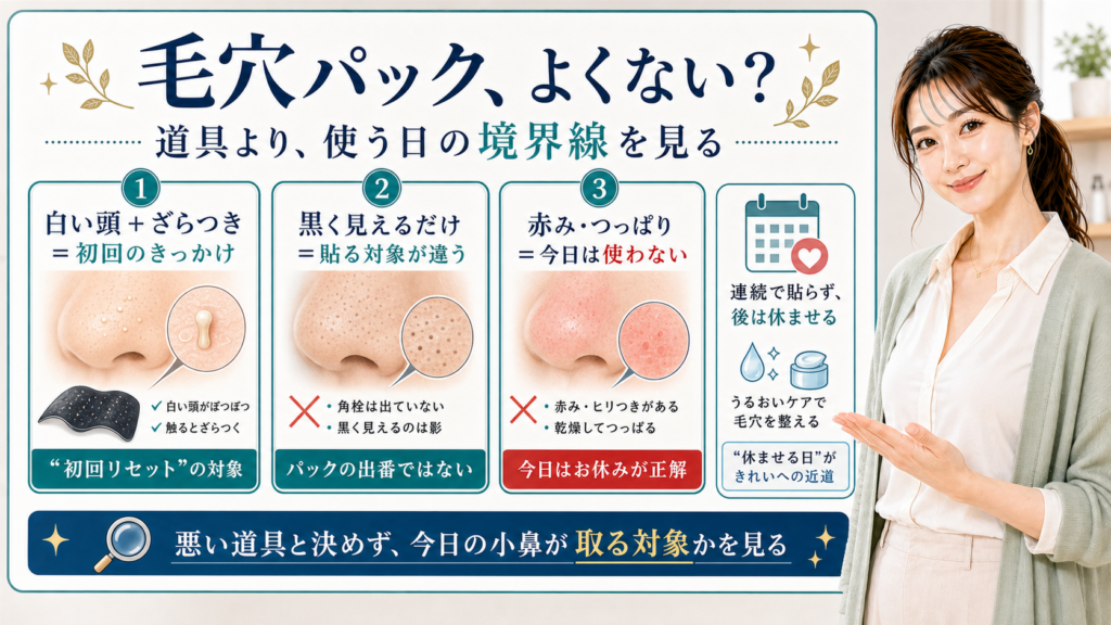 毛穴パックを使う境界線を白い角栓・黒い影・赤みで見分ける図解
