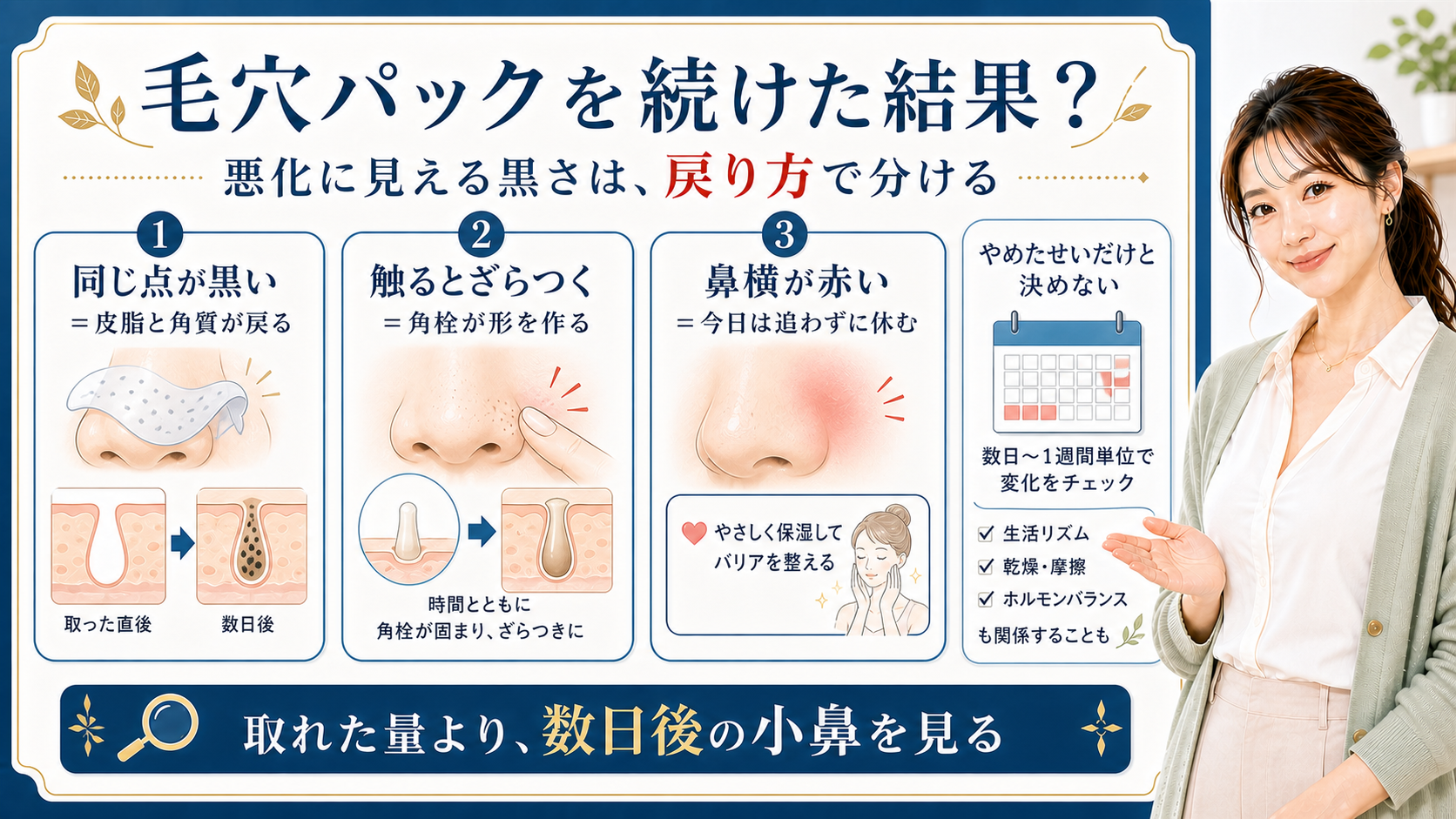 毛穴パックを続けた結果を数日後の黒ずみ・ざらつき・赤みで見分ける図解