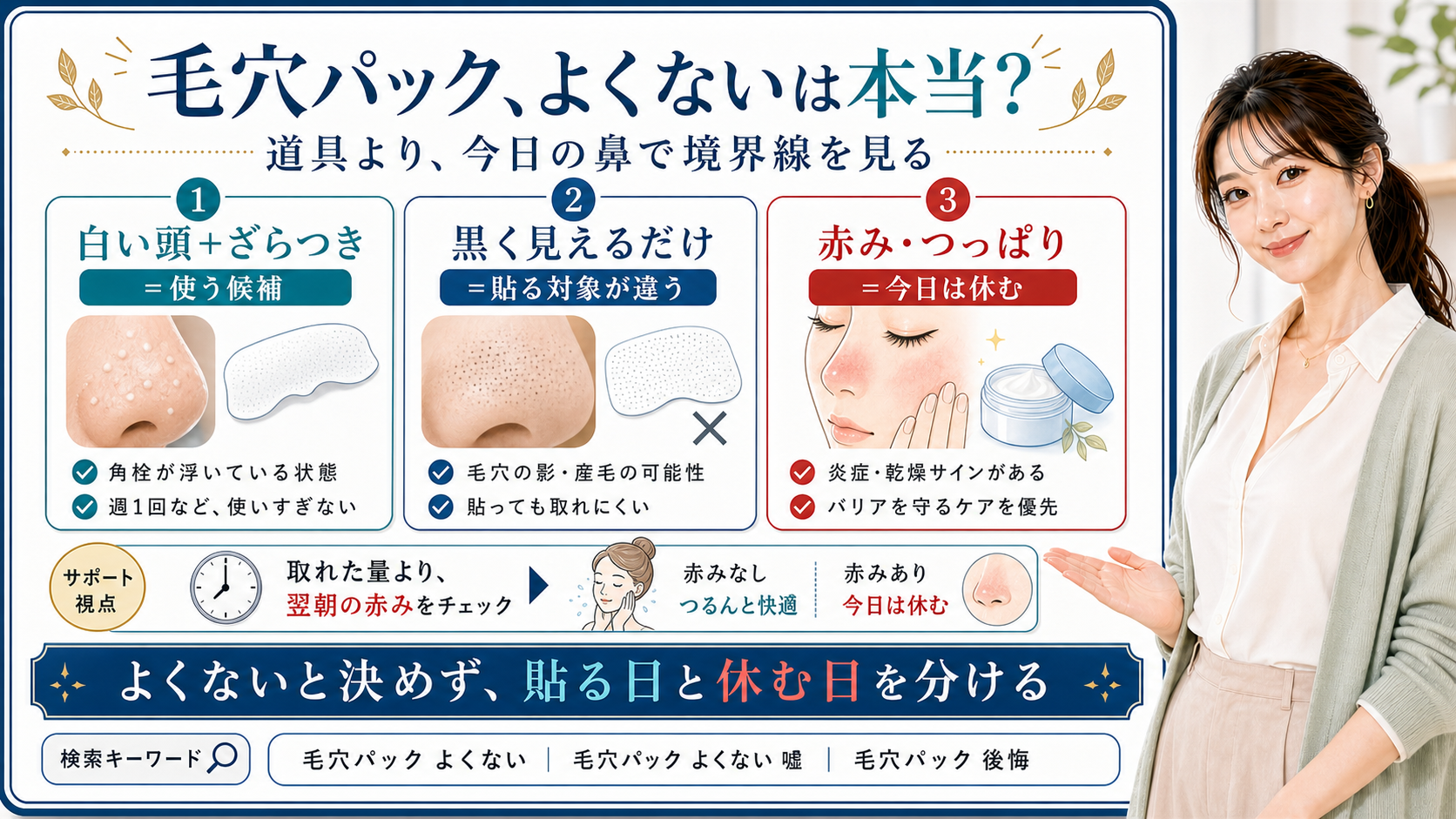 毛穴パックがよくないかを白い角栓・黒い影・赤みで見分ける図解