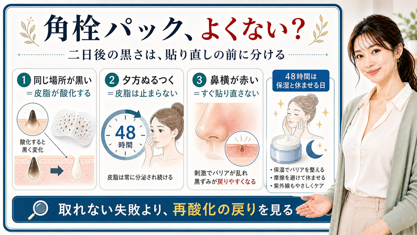 角栓パック後の黒ずみ再酸化を48時間・皮脂・赤みで見分ける図解