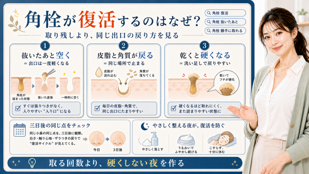 角栓が復活する理由を抜いた後・皮脂角質の戻り・乾きで見分ける図解