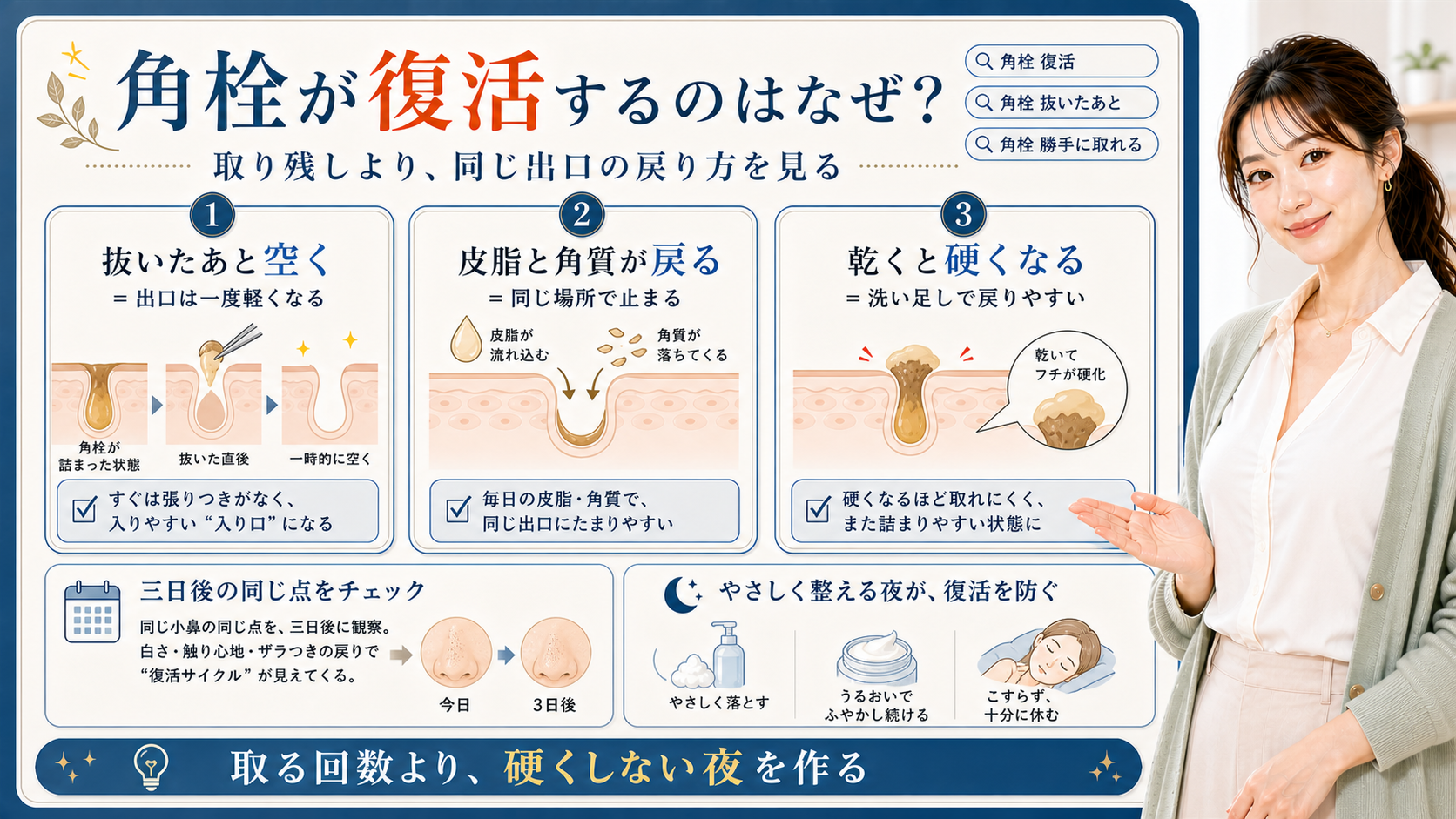 角栓が復活する理由を抜いた後・皮脂角質の戻り・乾きで見分ける図解