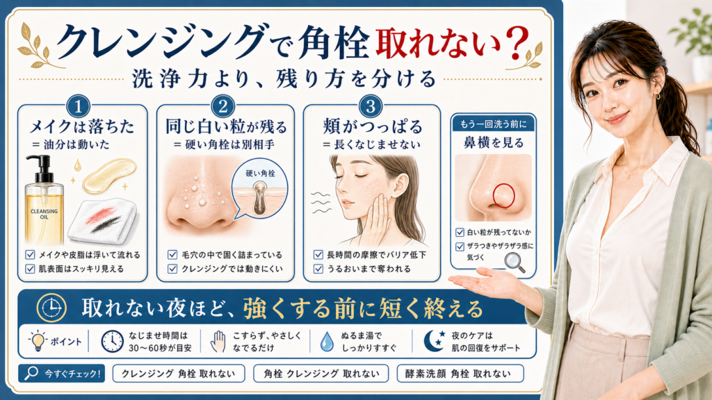 クレンジングで角栓が取れない理由をメイク落ち・白い粒・つっぱりで見分ける図解