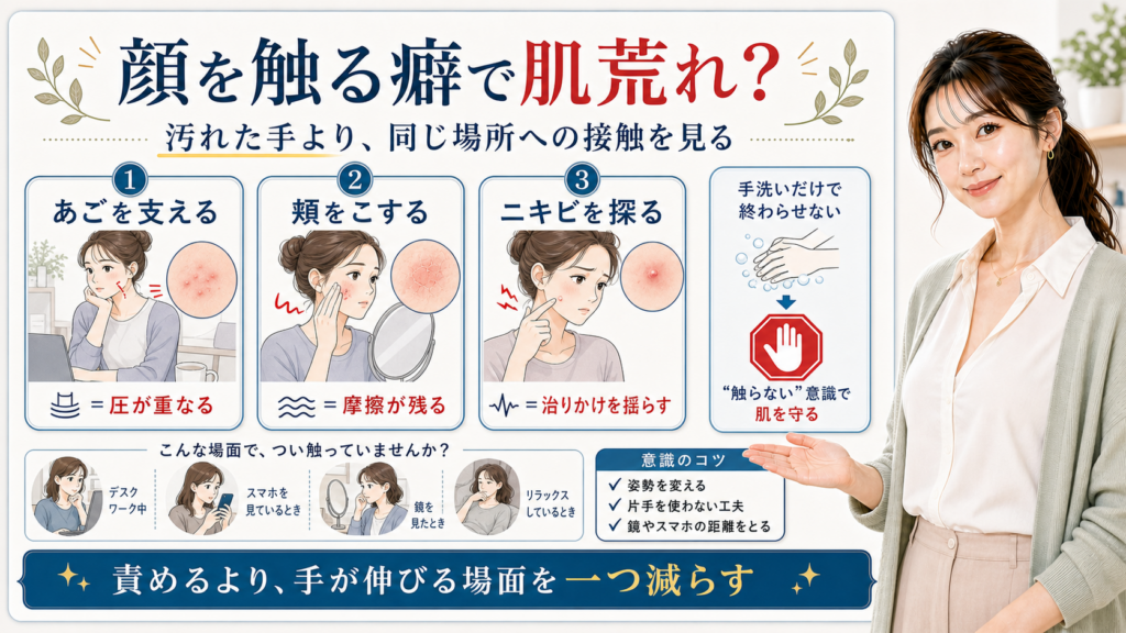 顔を触る癖による肌荒れをあご支え・頬こすり・ニキビ確認で見分ける図解