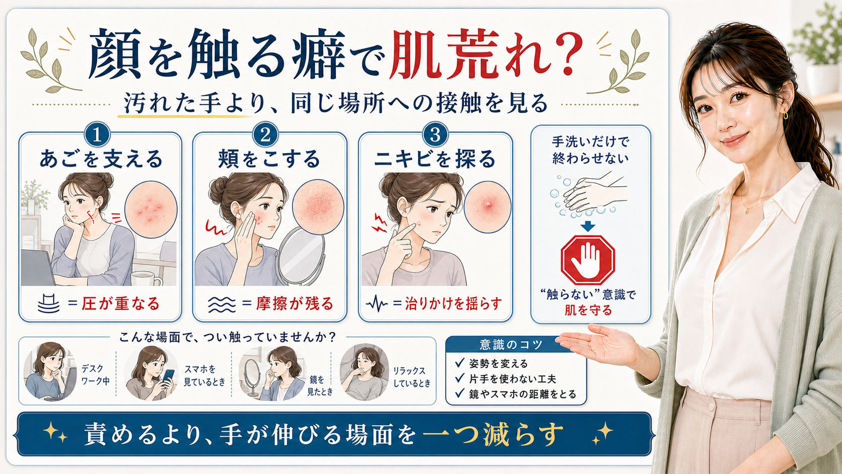 顔を触る癖による肌荒れをあご支え・頬こすり・ニキビ確認で見分ける図解