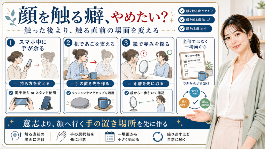 顔を触る癖をやめたい人がスマホ・机・鏡の場面で手の置き場所を変える図解