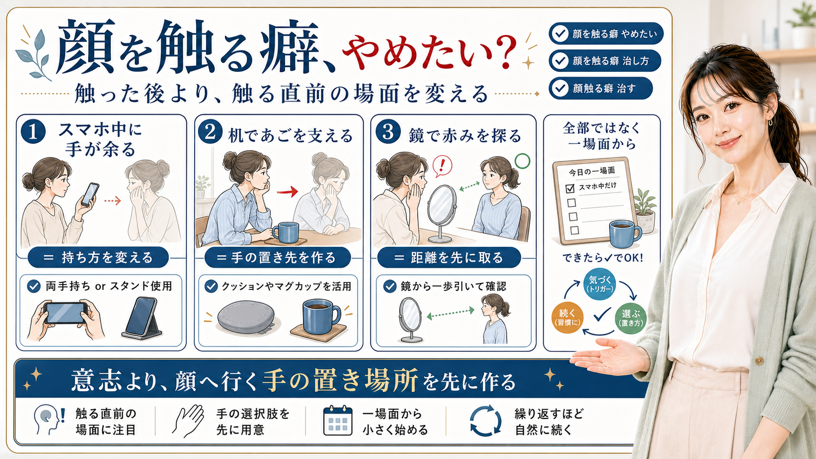 顔を触る癖をやめたい人がスマホ・机・鏡の場面で手の置き場所を変える図解