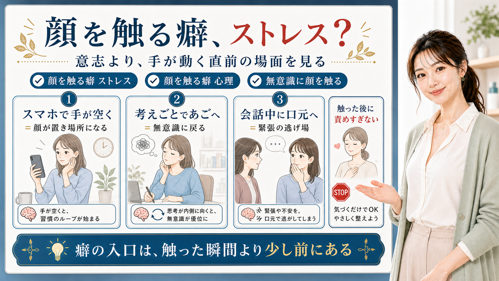 顔を触る癖とストレス心理をスマホ・考えごと・会話中の場面で見分ける図解