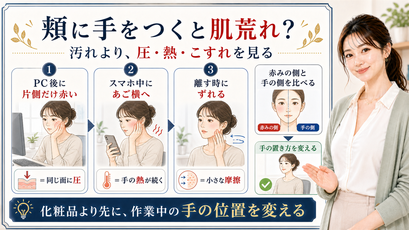 頬に手をつく肌荒れを圧・熱・こすれで見分ける図解