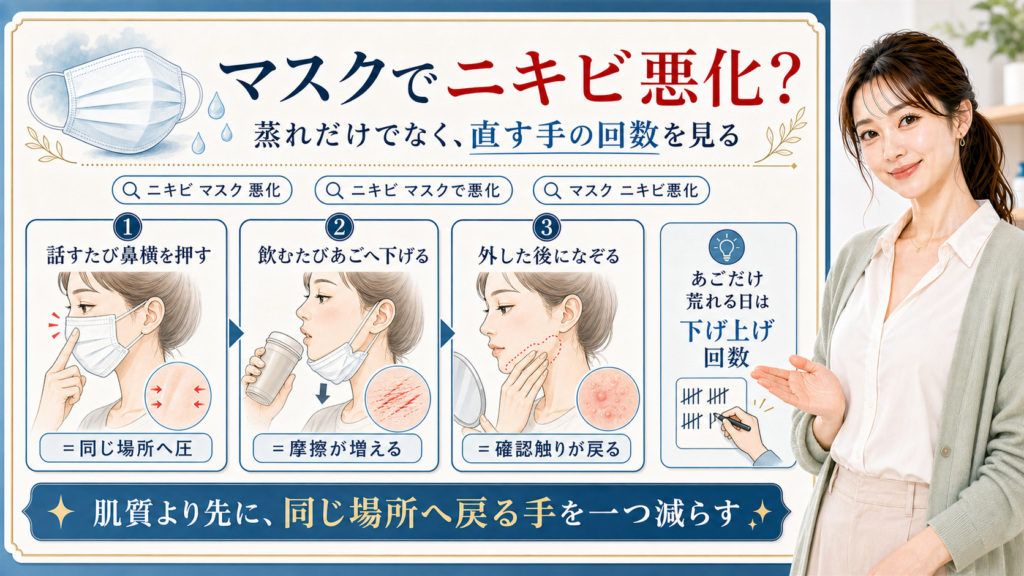 マスクでニキビが悪化する理由を鼻横を押す・あごへ下げる・外した後になぞる動きで見分ける図解