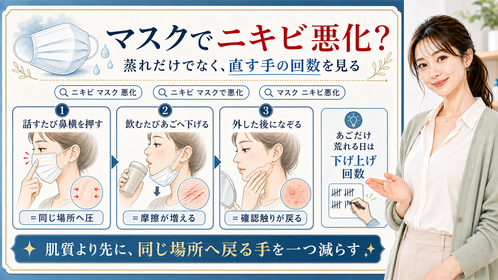 マスクでニキビが悪化する理由を鼻横を押す・あごへ下げる・外した後になぞる動きで見分ける図解