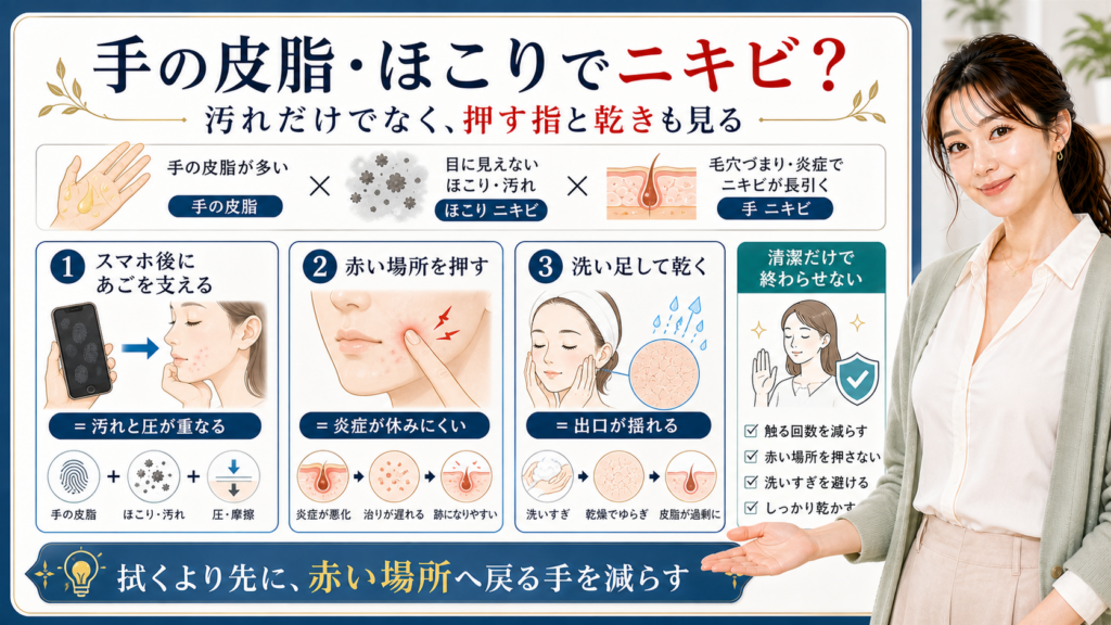 手の皮脂やほこりとニキビの関係を汚れ・押す指・乾きで見分ける図解