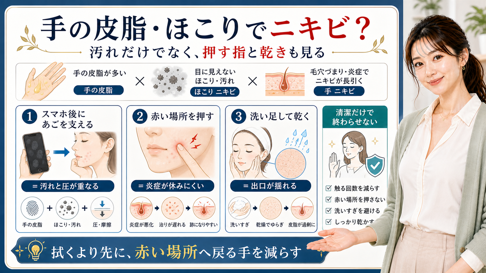 手の皮脂やほこりとニキビの関係を汚れ・押す指・乾きで見分ける図解