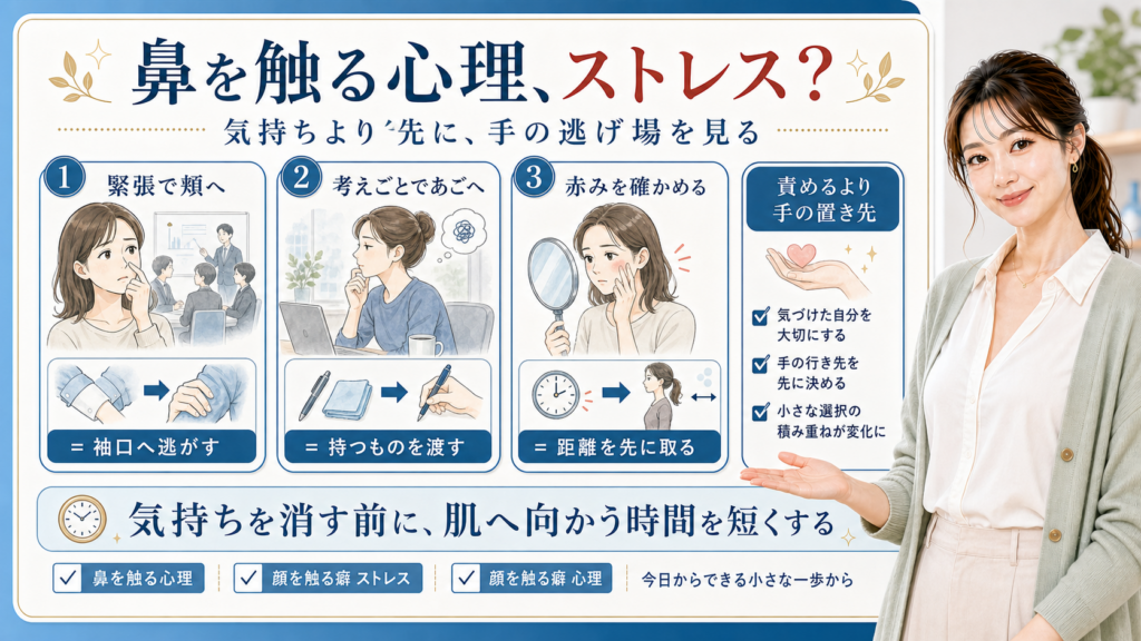 鼻を触る心理と顔を触る癖のストレスを手の逃げ場で見分ける図解
