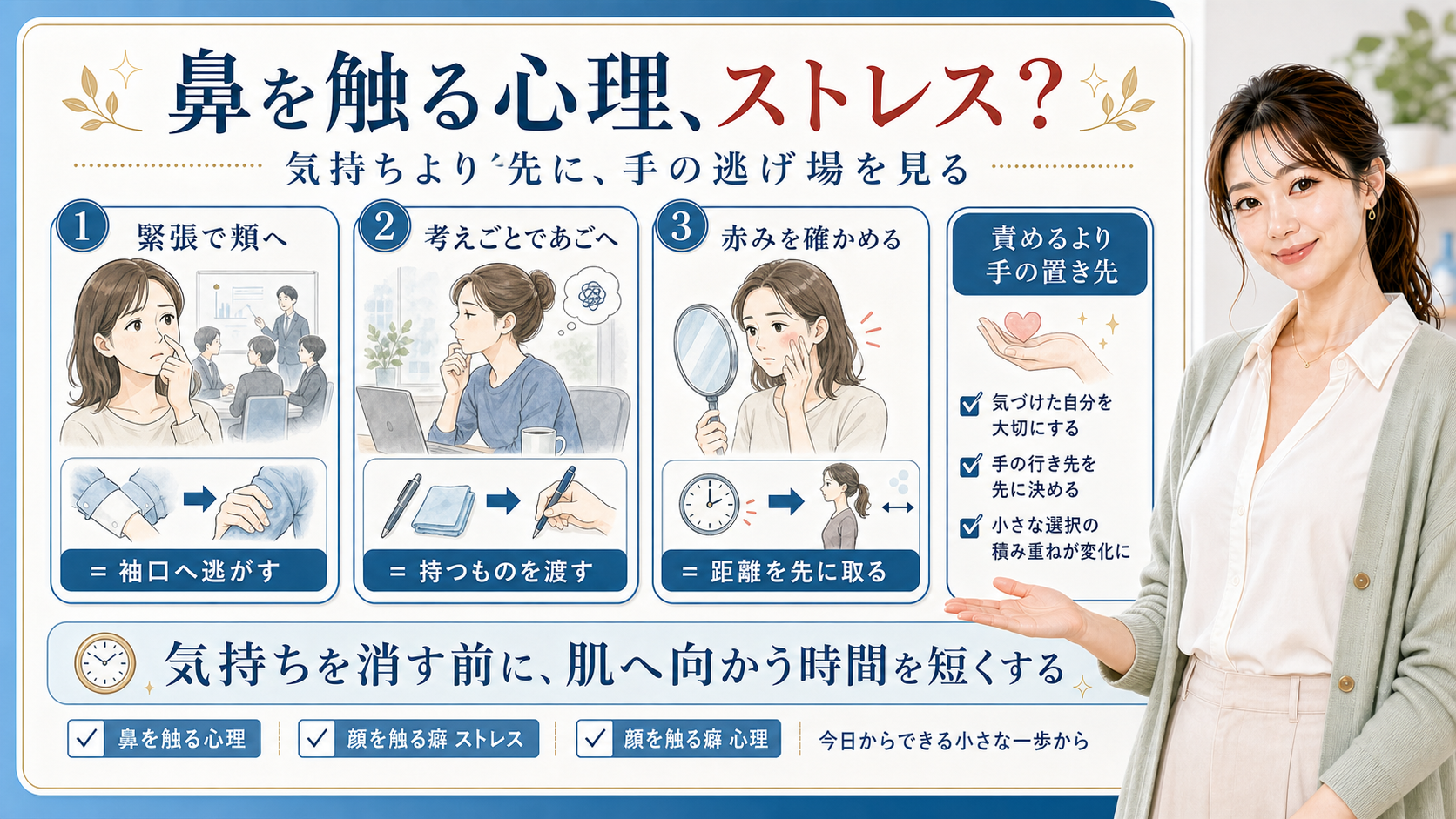 鼻を触る心理と顔を触る癖のストレスを手の逃げ場で見分ける図解
