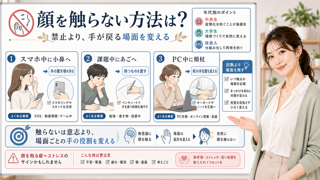 顔を触らない方法をスマホ・課題・PCの場面別に見分ける図解