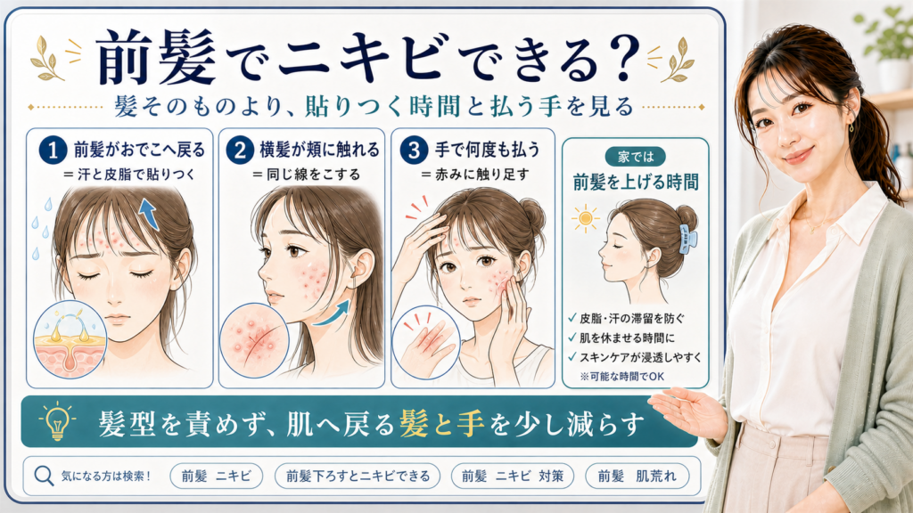 前髪ニキビを貼りつく時間・横髪・払う手で見分ける図解