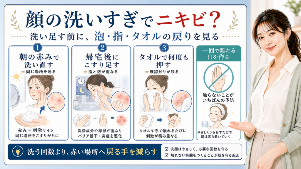 顔の洗いすぎとニキビを泡・指・タオルの戻りで見分ける図解