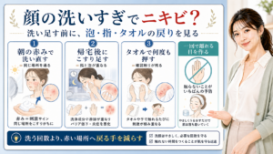 顔の洗いすぎとニキビを泡・指・タオルの戻りで見分ける図解