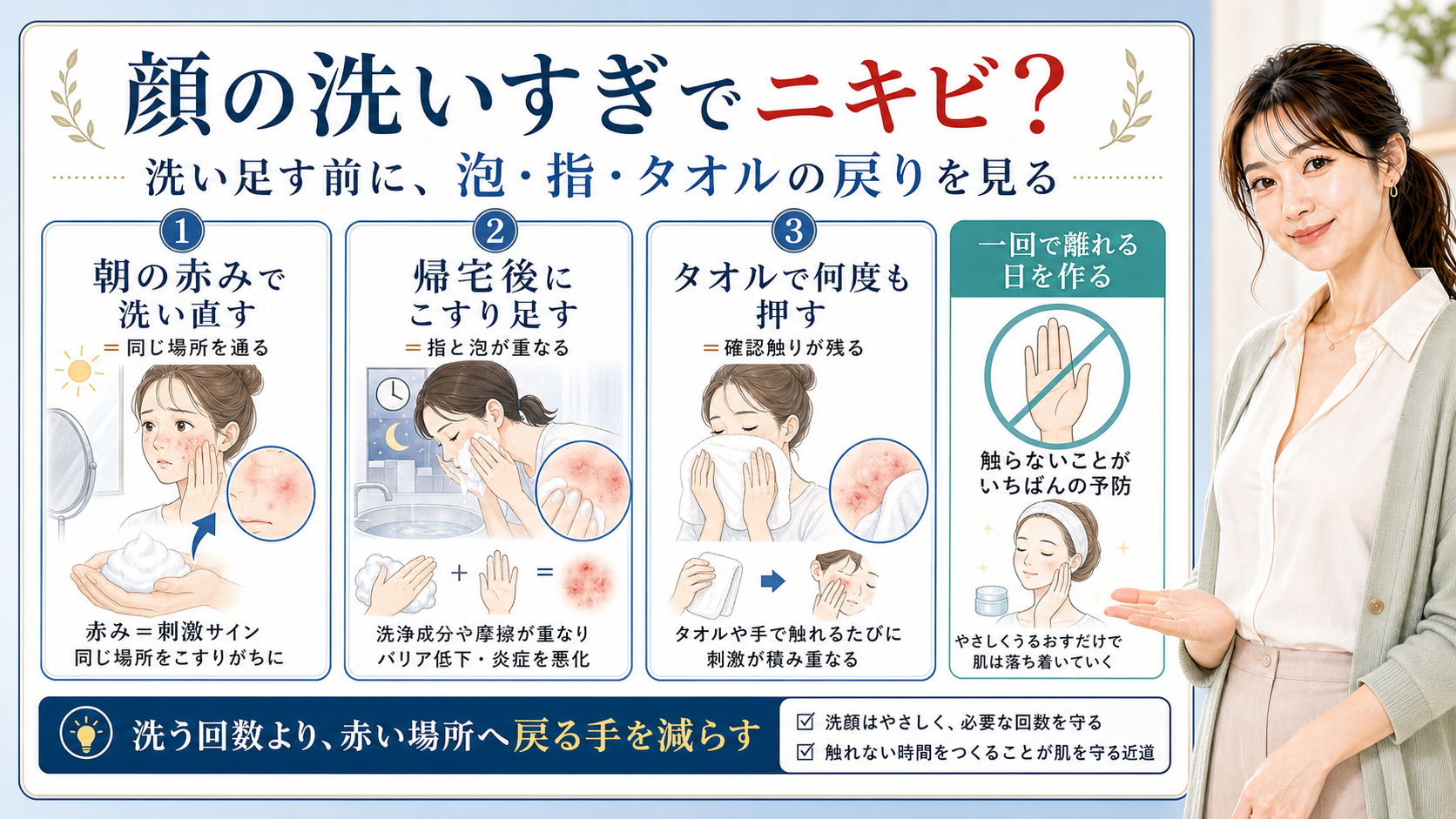 顔の洗いすぎとニキビを泡・指・タオルの戻りで見分ける図解