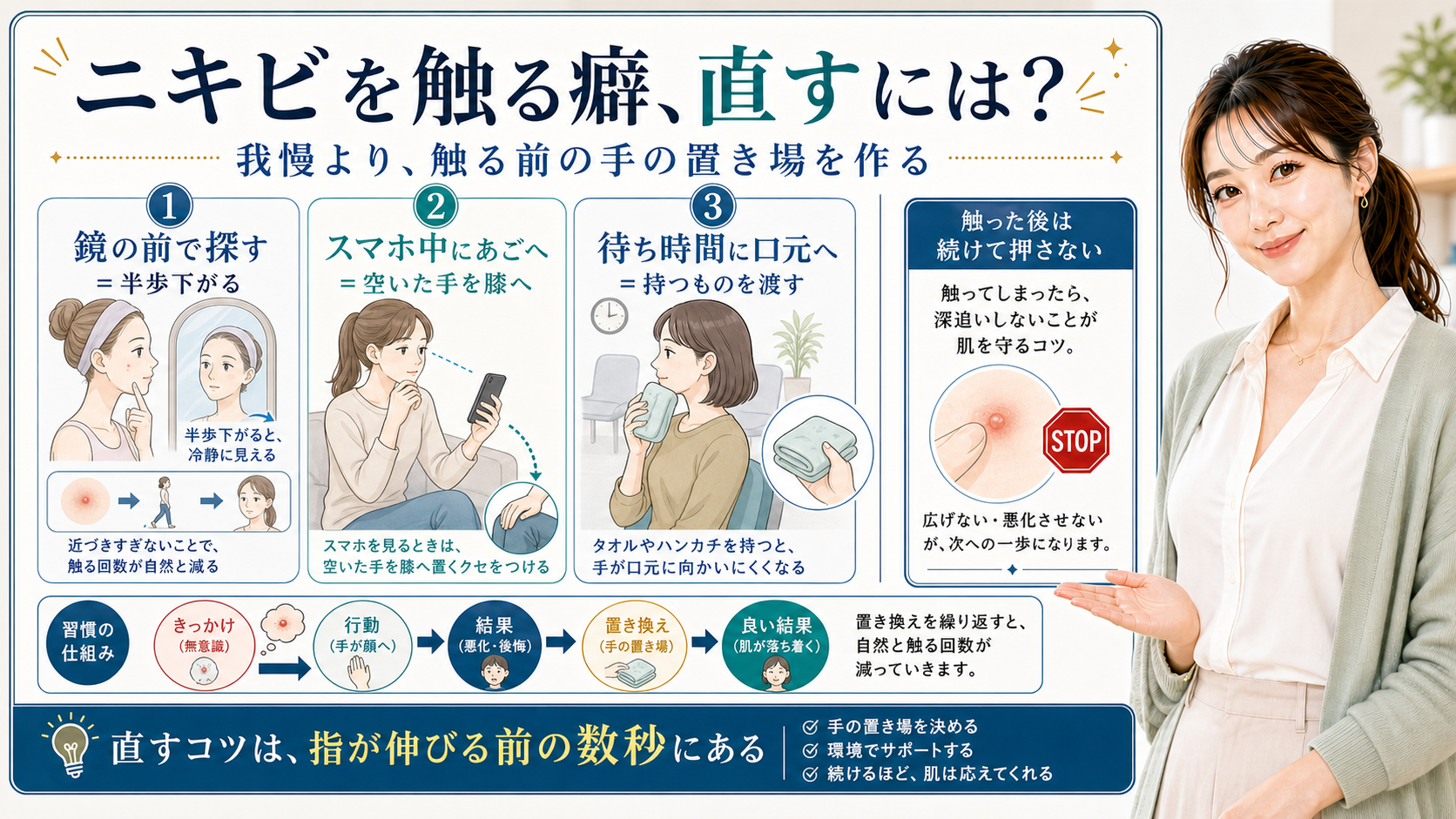 ニキビを触る癖を鏡・スマホ・待ち時間の手の置き場で直す図解