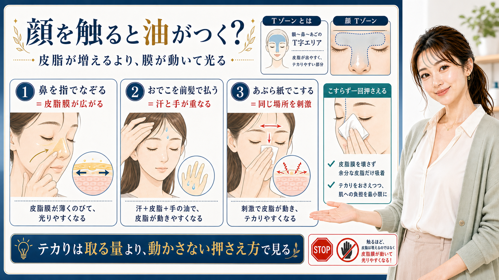 顔を触ると油がつく理由を鼻・おでこ・あぶら紙で見分ける図解